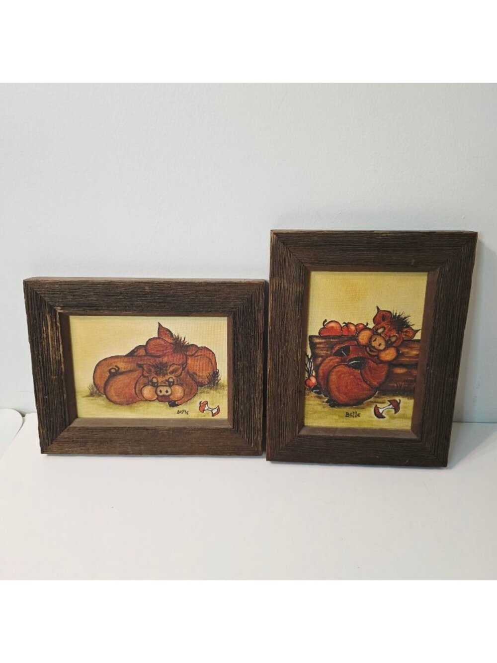 2 Hand Painted Oil on Canvas Farm Rustic Pig Art Framed Wooded Prints Country